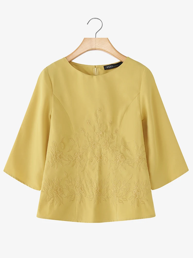 

2025 ZANZEA, блузка с вышивкой, осенняя женская модная рубашка с рукавом 3/4, осенняя повседневная элегантная офисная уличная одежда с круглым вырезом, Blusas Femme