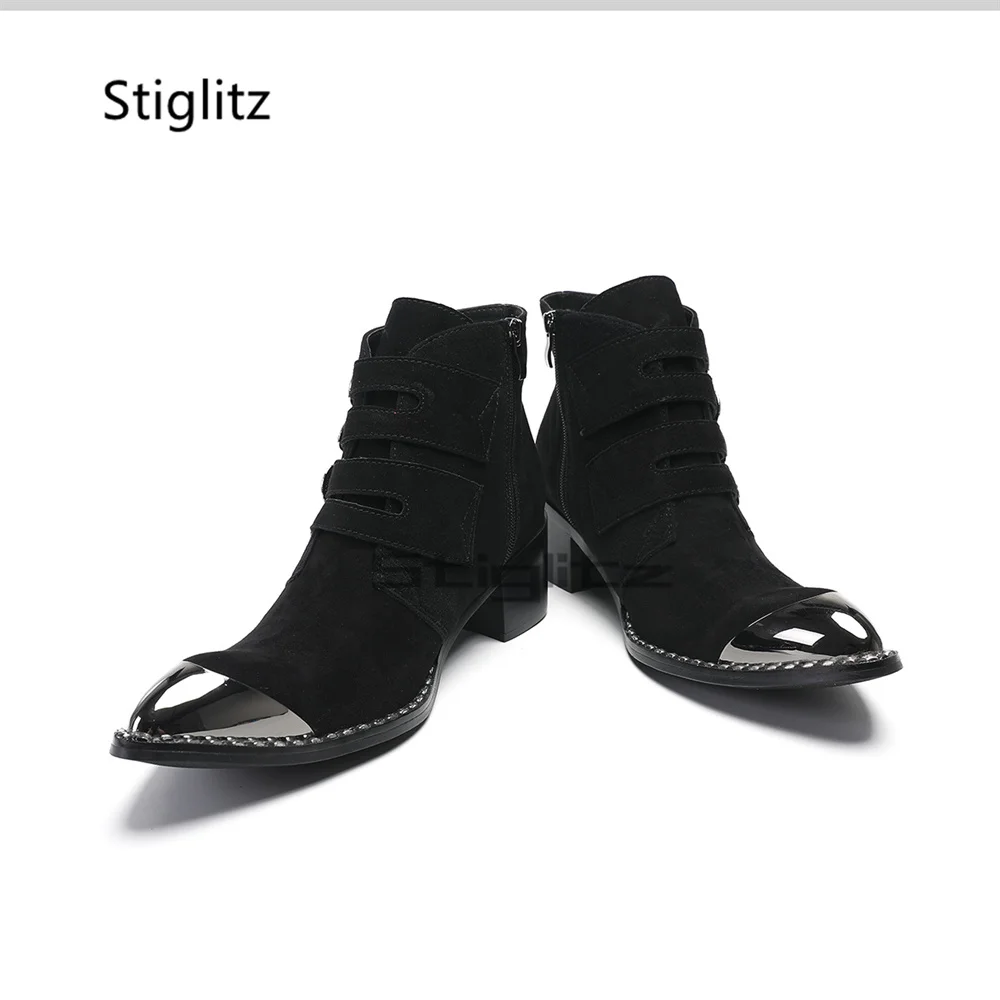 Multi Belt Buckle Suede Chelsea Boots for Men High Heels Metal Toe Side Zip Cowboy Ankle Boots Black Business Dress Shoes