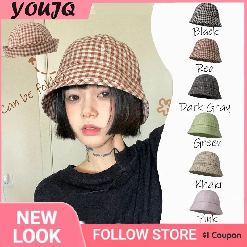 

Women's Summer JK Feng Shui Bucket Hat Vintage Plaid Dome Bow Fisherman Hat Breathable Flange Sailor Hat Plain Basin Hat Men