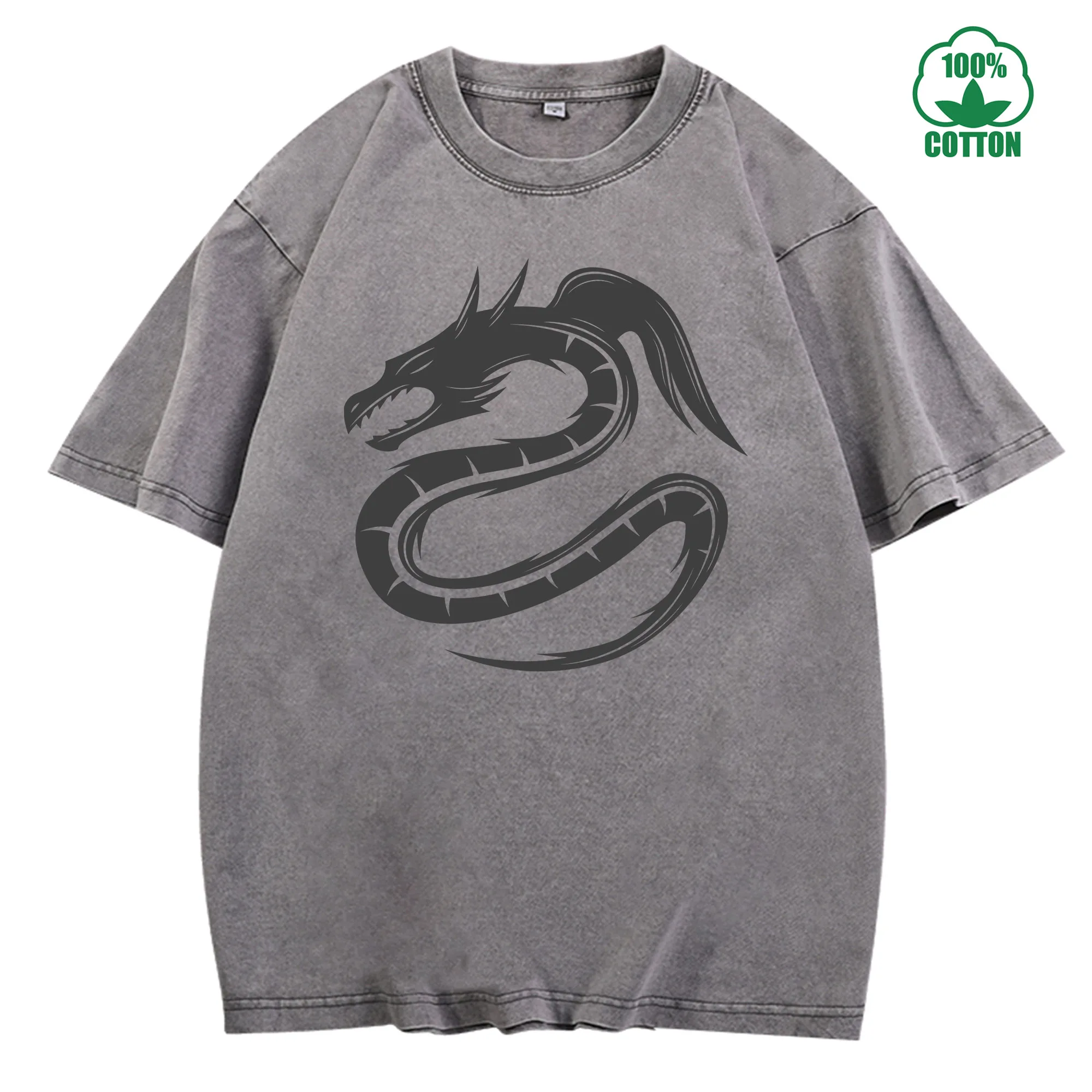 تي شيرت Dragon Totem Vintage مغسول 230 جرام 100% قطن مريح كبير الحجم ملابس الشارع للجنسين