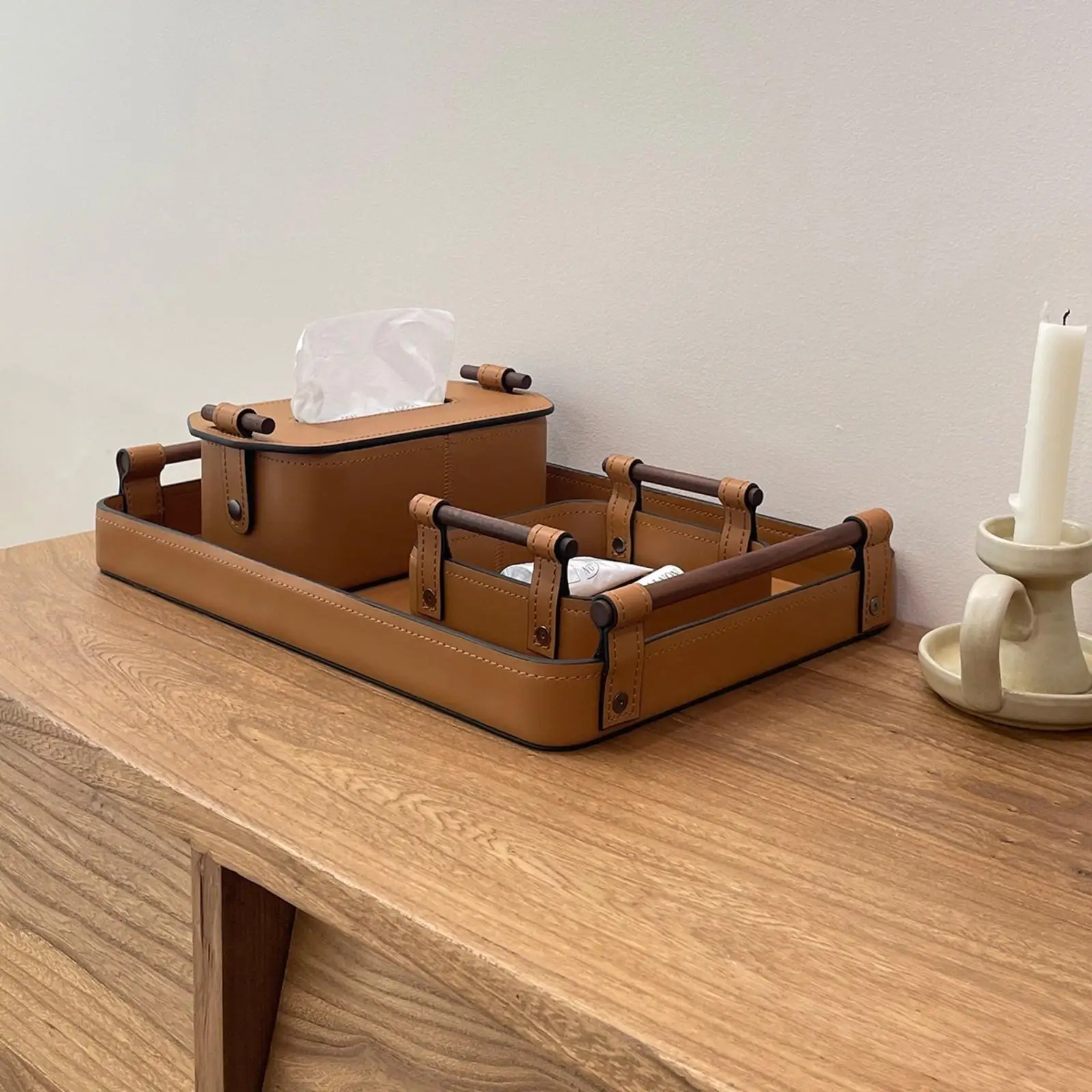 Elegant Leather Paper Tissue Holder Tray with Handles for Entryway Console Vanity Storage Organizer Box