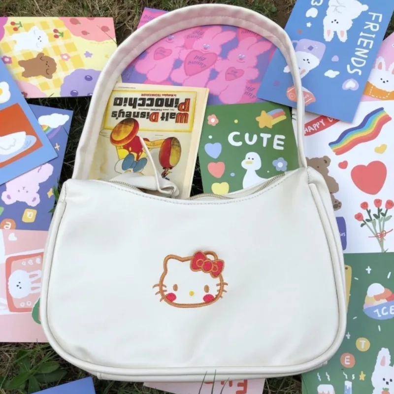 

Xiuya White Handbags for Women Cute Hello Kitty Embroidery Casual Shoulder Bag Pu Leather Fashion Jk Literary Female Armpit Bag