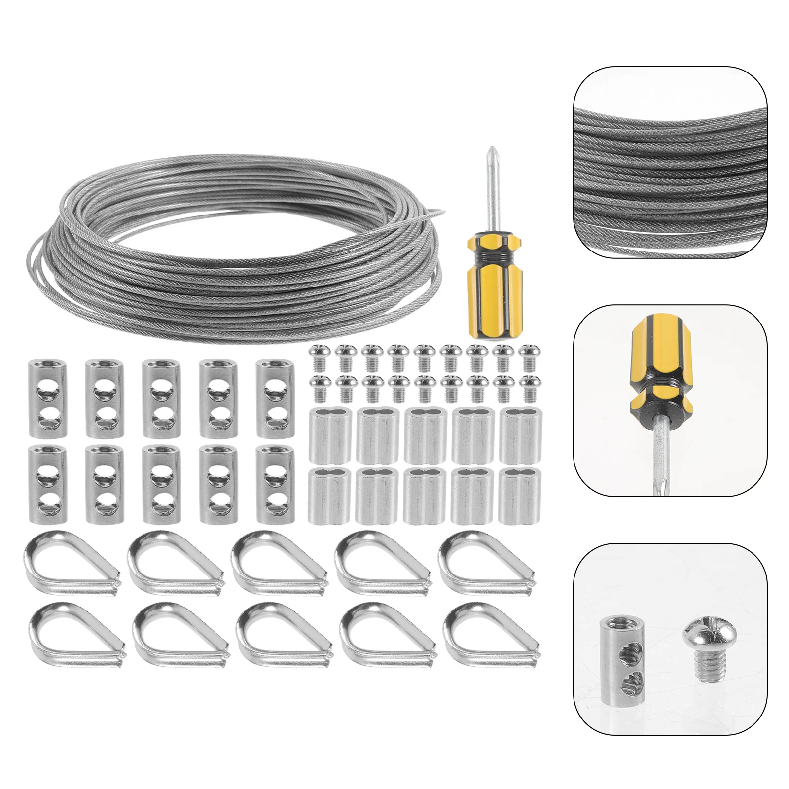 Kit de suspensión de cadena de luz de cuerda de alambre recubierto de acero inoxidable para vallas, juego de rollos de jardín (juego de 30 metros), herramienta de prensado de dedal plateada