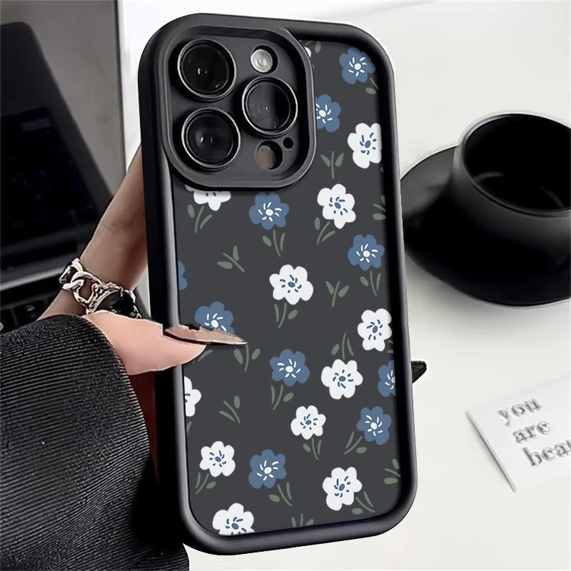 Blue White Small Flowers Silicone Case For iPhone 15 16 Pro Max 14 13 12 11 Pro Max 7 8 XR XS SE Shockproof Soft TPU Phone Cover