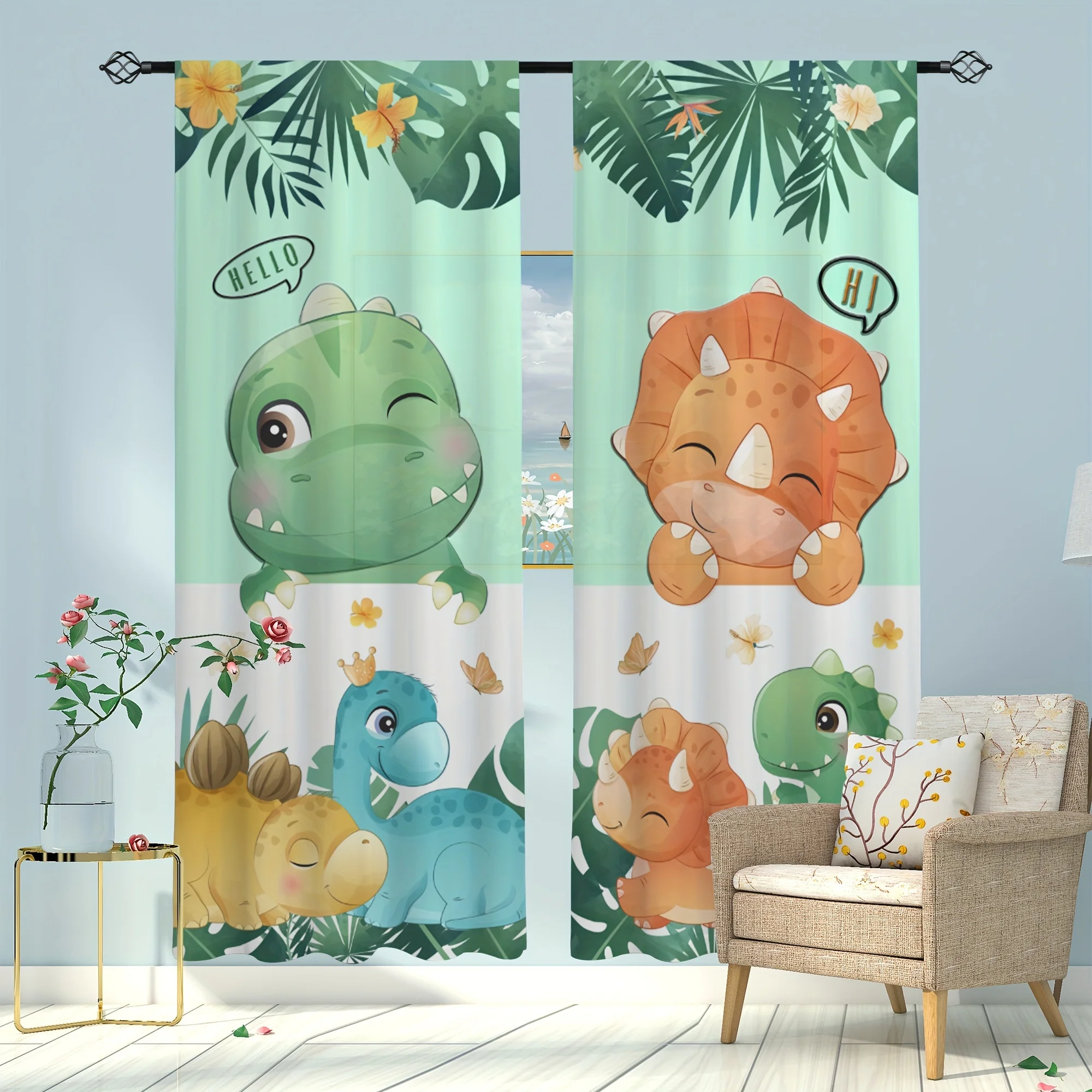 Cute Cartoon Dinosaur Curtain 2 Panels Tropical Palm Leaf Light Mint Background Master Bedroom Curtain Jungle Kids Home Decor