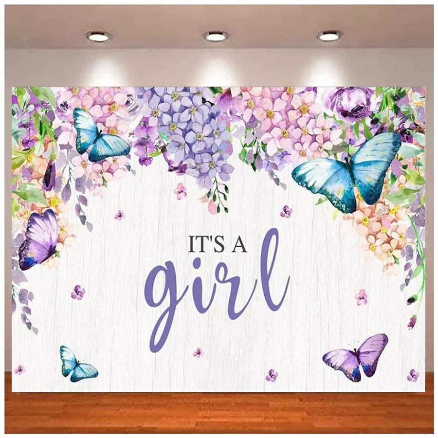 Photography Backdrop It's A Girl Butterfly Baby Shower Party Studio Background Purple Floral Fairy Princess Spring Garden Banner