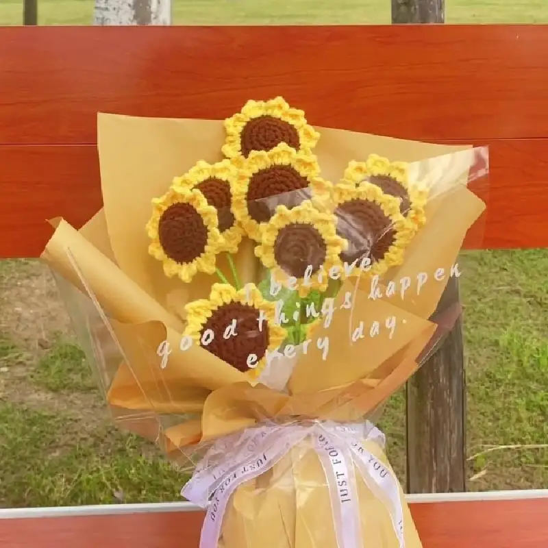 Sunflower Knitted Flower Smile Crochet Flower Hand Woven Bouquet Wedding Party Decoration Homemade Teacher's Day Gift 꽃다발