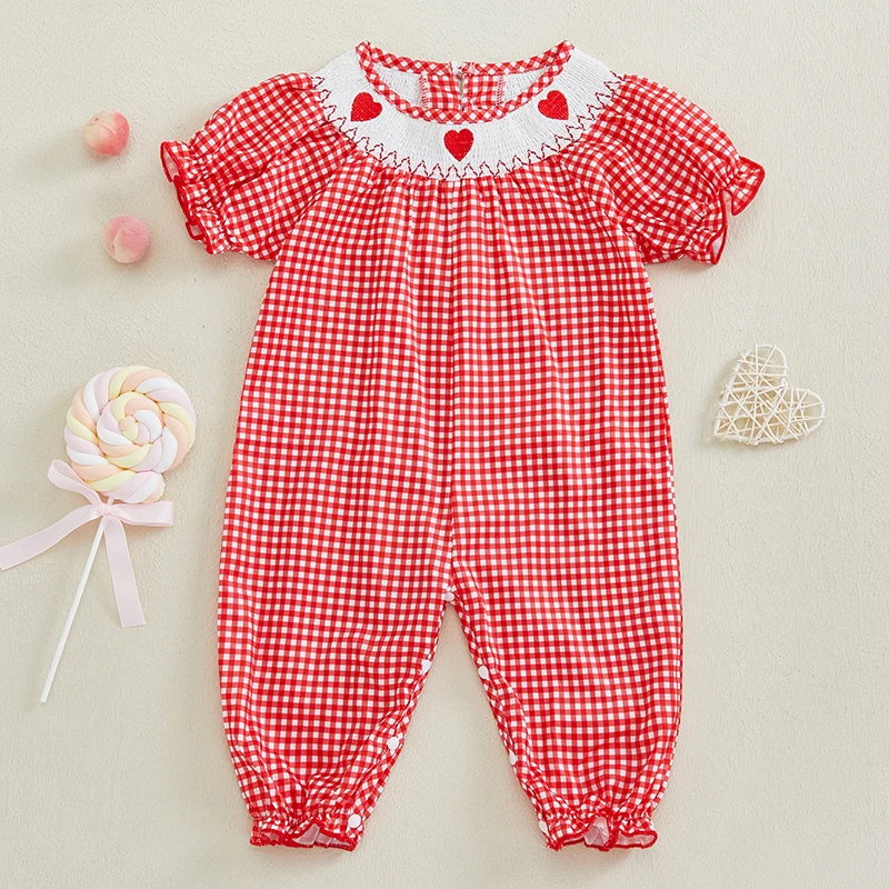 

Adorable Infant Girls Plaid Print Romper with Heart Embroidery Short Sleeve Summer Jumpsuit for Stylish Toddlers