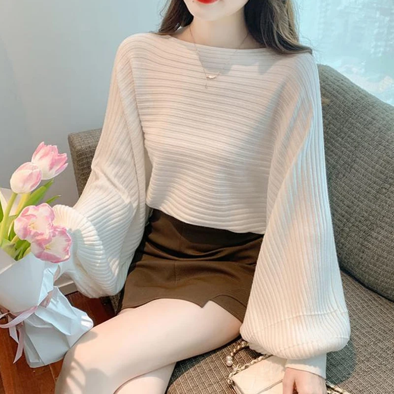 

Fashion Simple Jumper Pullover Knitted Women Sweater Long Lantern Sleeve One-word Collar Loose Autumn Elegant Casual Tops 29305