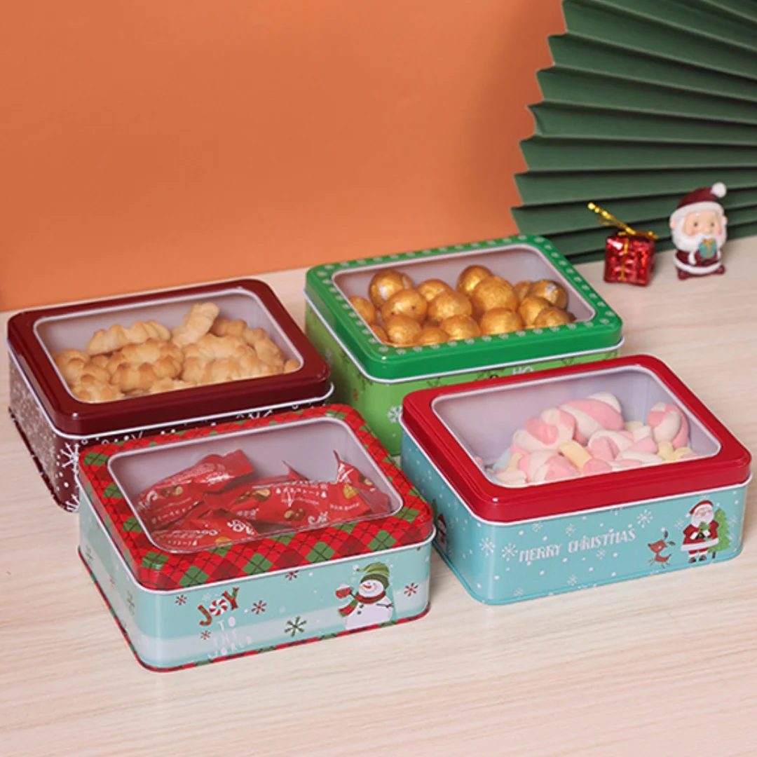 Christmas Transparent Window Tin Box Cookie Candy Tinplate Chocolate Storage Box With Exquisite Lid Christmas Gift Packaging Box