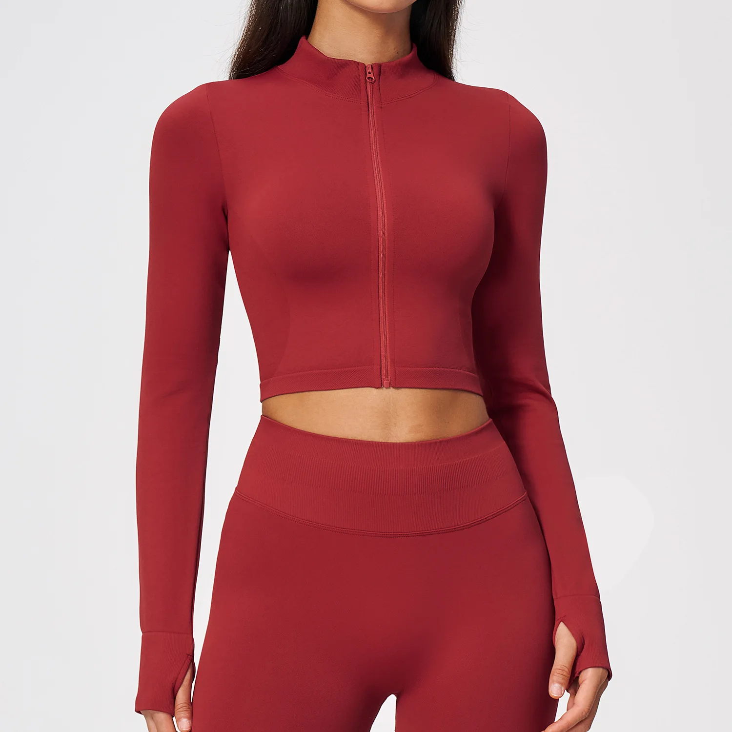 Zipper Up Stand Collar Yoga Jacket Quick Dry Long Sleeve Gym Sports Crop Top Breathable Workout Fitness Outdoor Running Coat