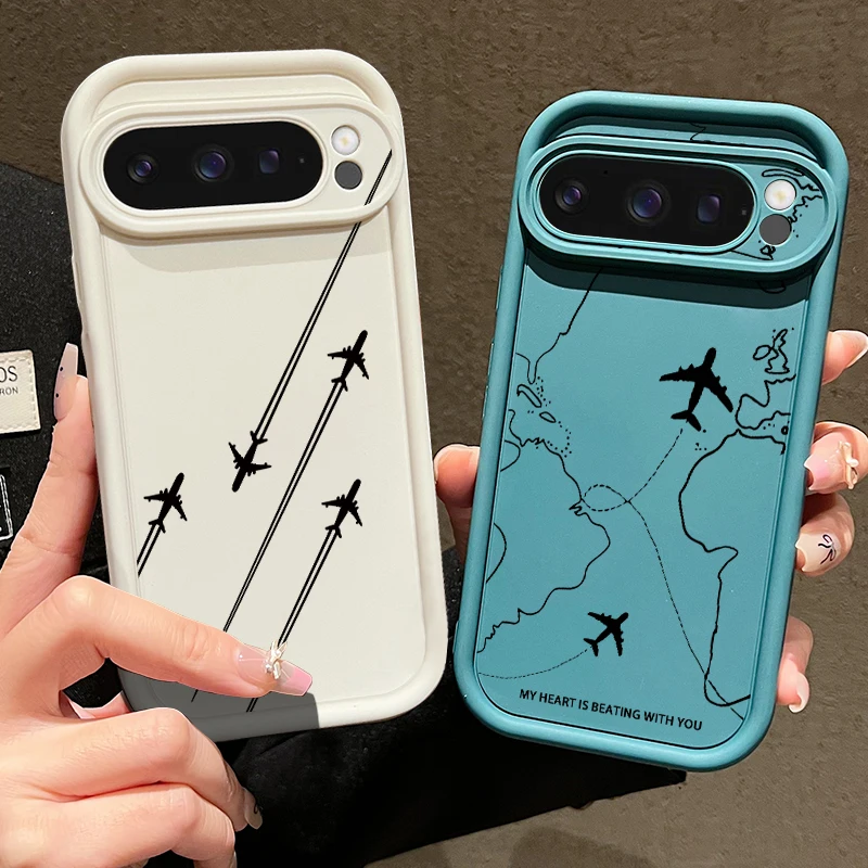 Airplane Route Pattern Soft TPU Phone Case For Google Pixel 8 Pro 8A 9 Pro XL Solid Color Silicone Back Cover For Pixel 9 8 Pro