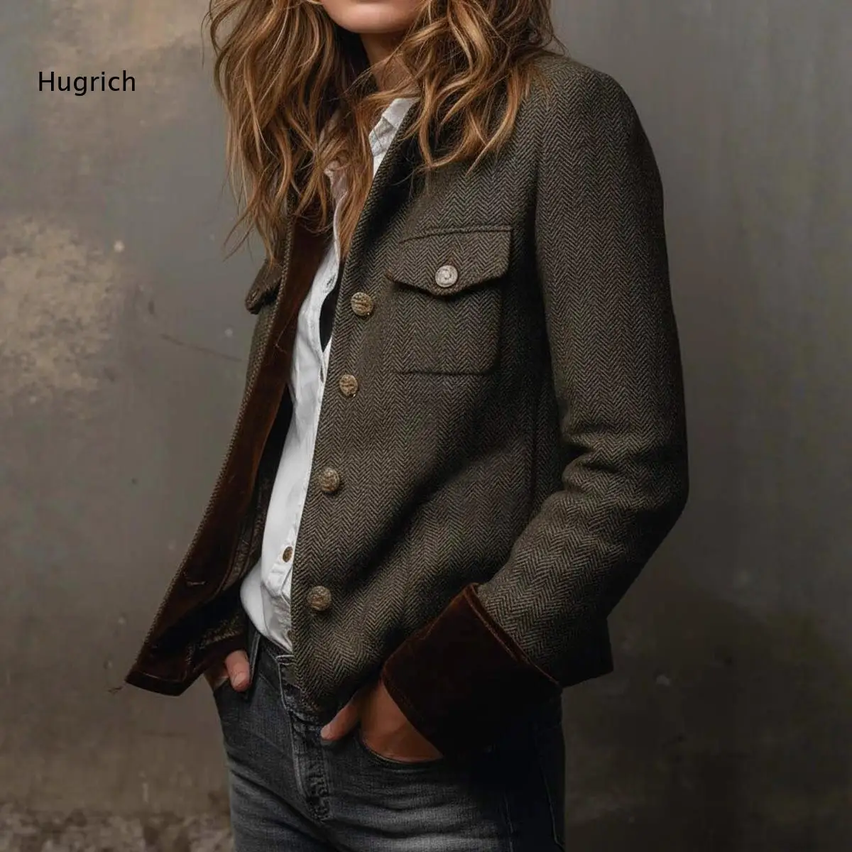 Women Olive Green Herringbone Tweed Jacket With Velvet Trim Button Front Long Sleeve Casual Autumn Outerwear With Chest Pocket