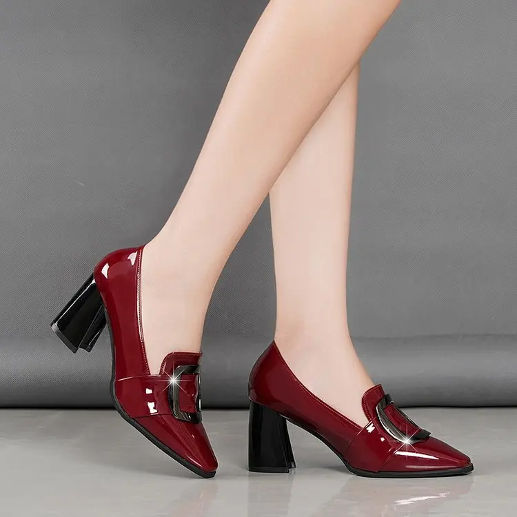 Women High Heels Shoes Women Pumps Patent Leather Single Woman Dress Shoes Thick Heels Pointed Toe Female Pumps