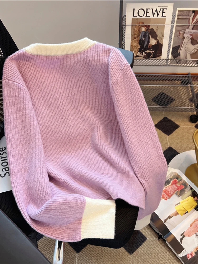 Women Purple Pullover Two-tone Bow Sweater Harajuku Y2k Long Sleeve Knitted Cashmere Sweaters Vintage 2000s Clothes Autumn 2024