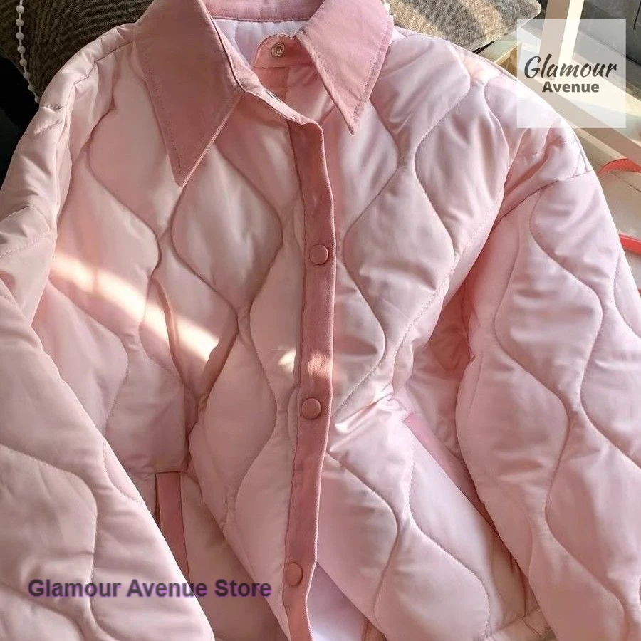 

Korean version of gentle wind diamond lapel clip cotton coat women's autumn and winter sweet contrast warm bread clothes.