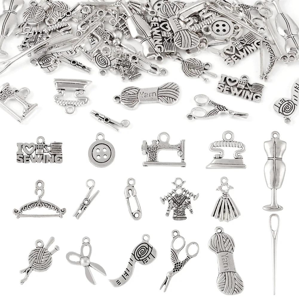 64Pcs Mixed Tibetan Style Alloy Pendants Yarn Sewing Machine Sweater Charms for Necklace Brooches Jewelry Making