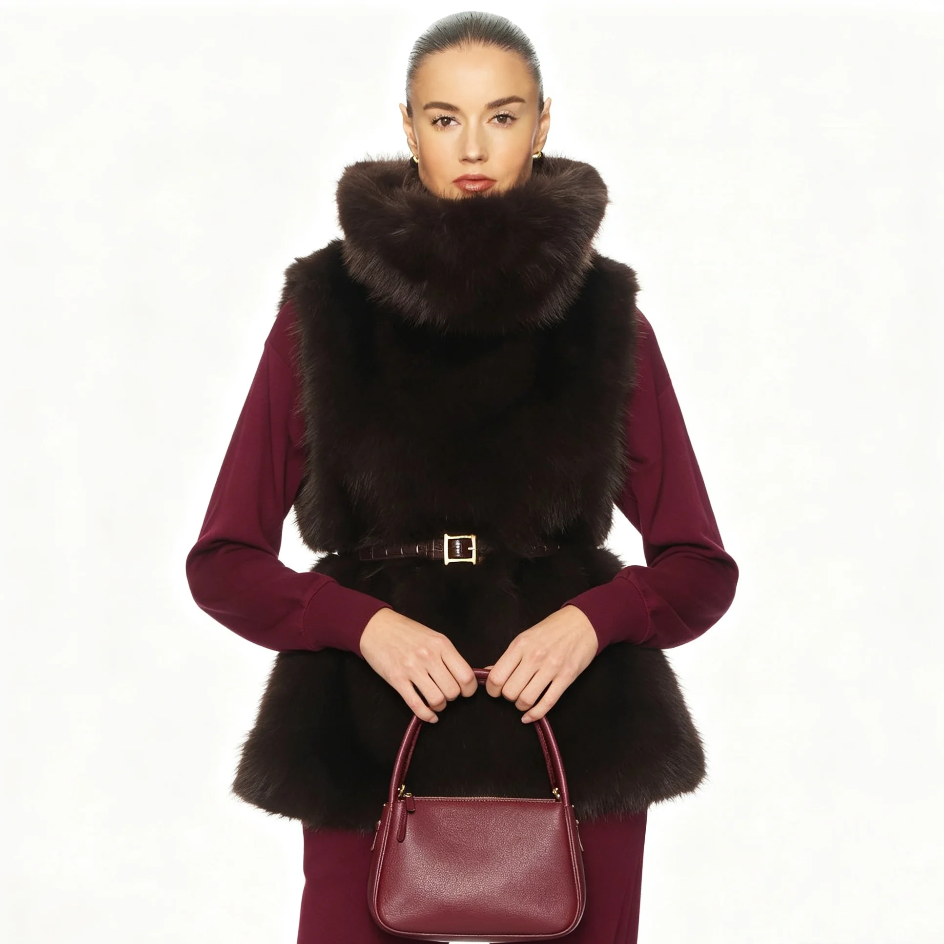 RU High Collar Faux Fur Vest Sleeveless Waistcoat With Belt Slim Fit Luxury Gilet Suitable For Street Elegant Outfits