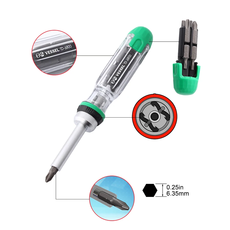 VESSEL Ratchet Screwdriver Set with 8 Bits/16 Bits Storage Inside the Handle NO.TD-6816MG|TD-6804MG|TD-6808TX|TD-6808MG