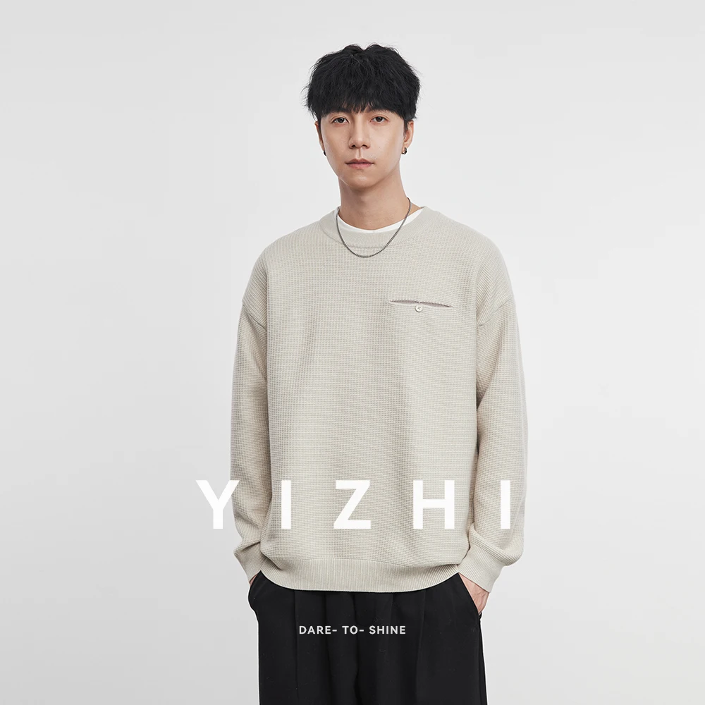 

Fashion Men's Casual Crew Neck Sweater 2025 Winter New Waffle Knit Pullover Decorative Pocket Soft Long Sleeve Jumper Top