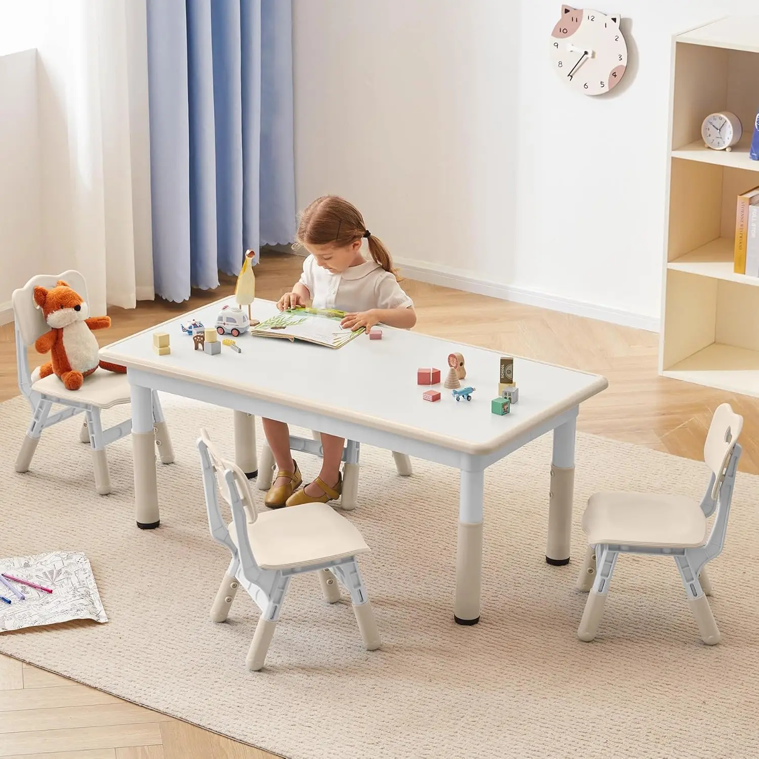 

Kids Study Table & Chairs Set, Height Adjustable, Graffiti Desktop (Burlywood)