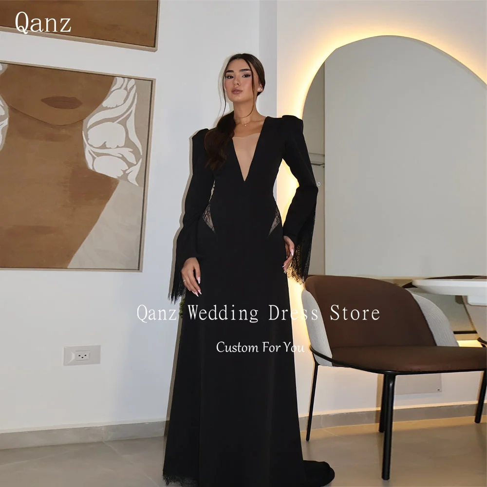

Qanz Modest Women Evening Dresses Deep V Neck Long Sleeves Back Vestidos De Fiesta Elegantes Lace Robes De Soirée Customized