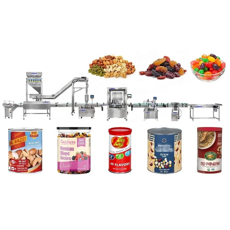 PLC Controlled 6 Type Dried Fruit Mixed Nuts Can Filling Seaming And Labeling System Line With Motor And Gear Customized