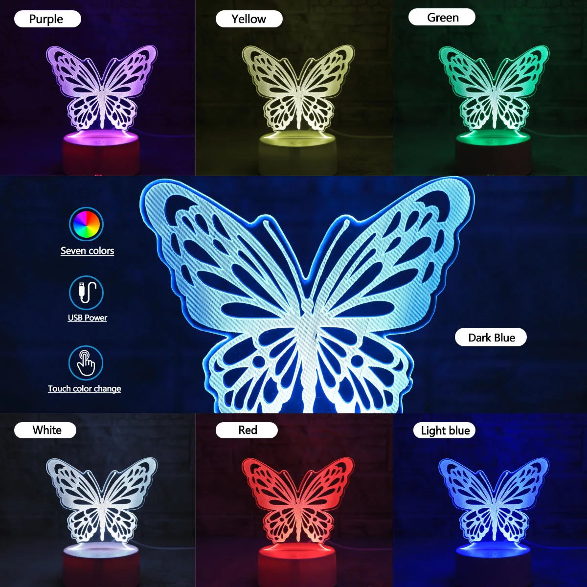 USB touch RGB 7 color night light, pink butterfly 3D night light, suitable for bedroom rooms, gift atmosphere light