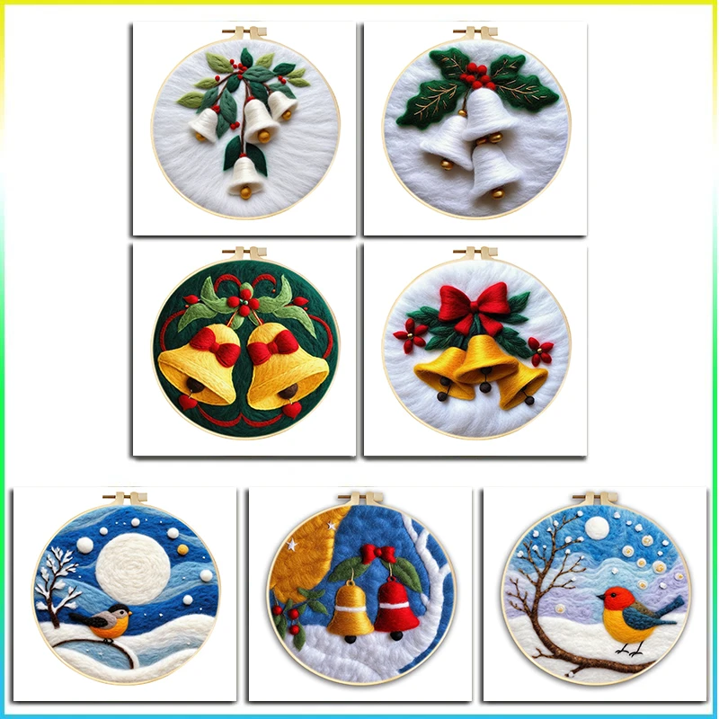 

CHENISTORY Wool Embroidery Kit Creative For Beginners Christmas Bell Felt Needle Painting Wool Felting Kit Adult Diy Handicraft