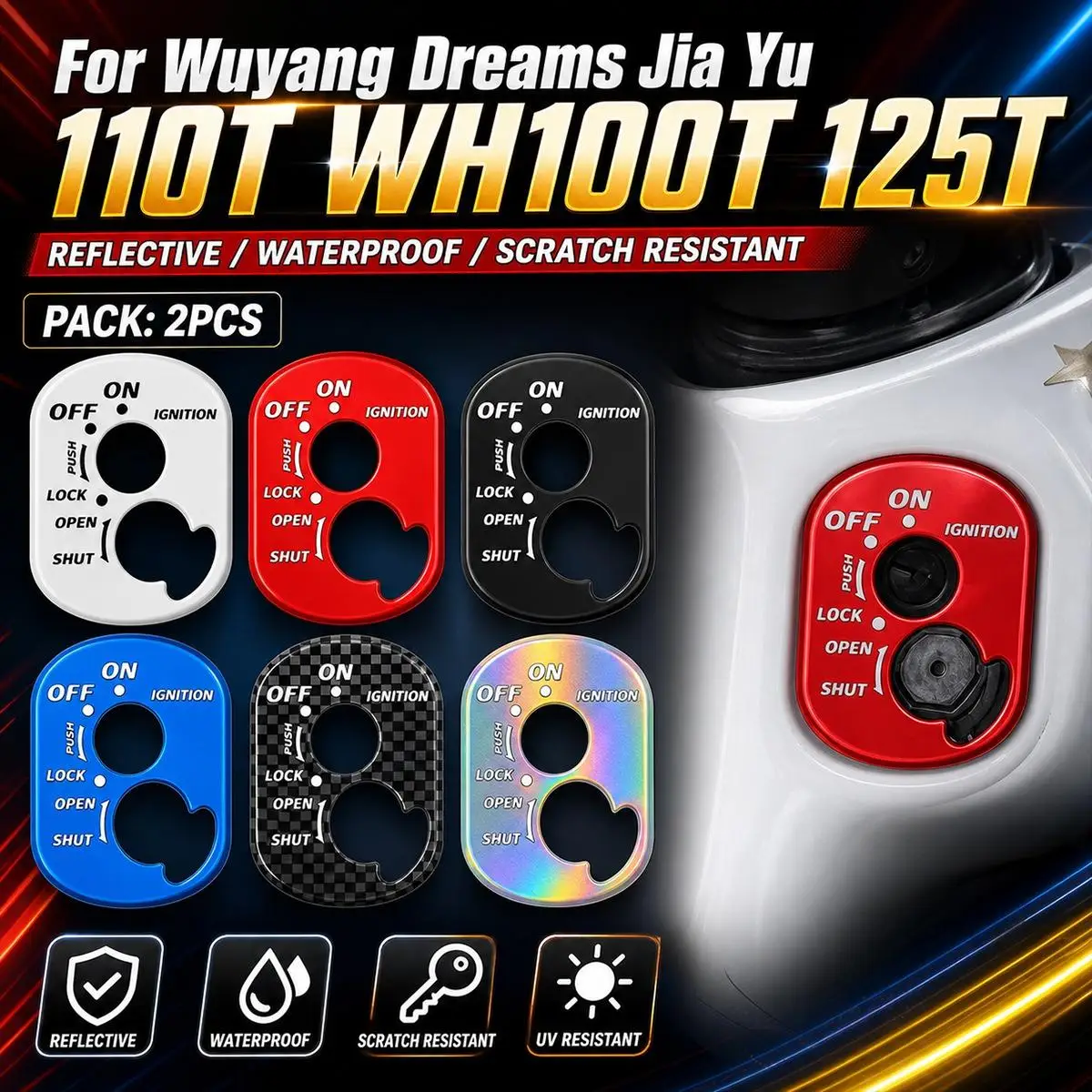Electric Ignition Switch Key Lock Cover with Protection Against Scratches 3D Stickers for Wuyang Dreams Jia Yu 110T WH100T 125T