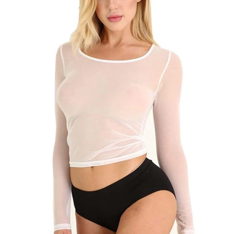 Camiseta Sexy transparente de malla para mujer, Body de manga larga, cuello alto, Top corto de tul, blanco y negro