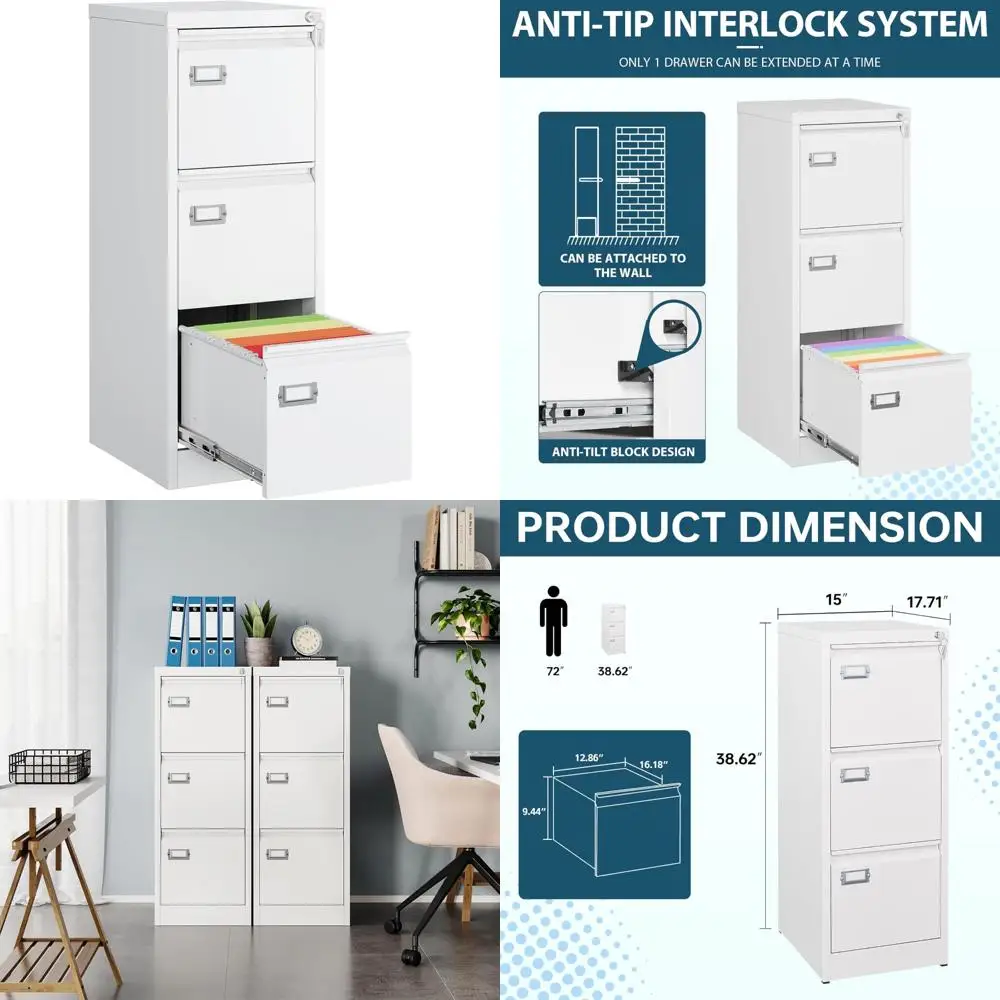 Vertical 3-Drawer White File Cabinet with Lock, Home Office Storage for Letter Legal Files and Folders