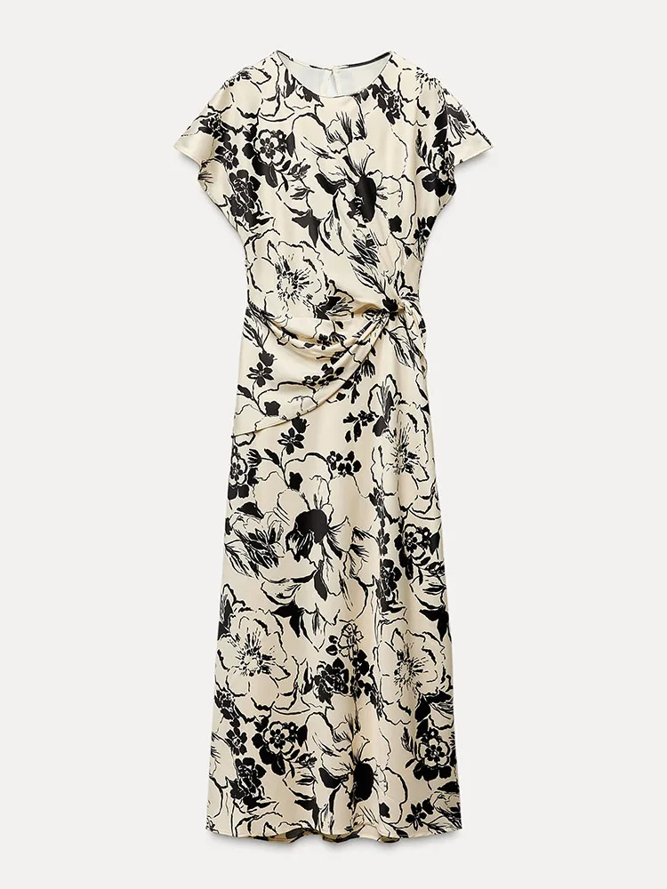 Vestido midi f de seda acetinada com estampa, gola redonda, manga curta, estilo casual para o dia a dia, com cintura m...