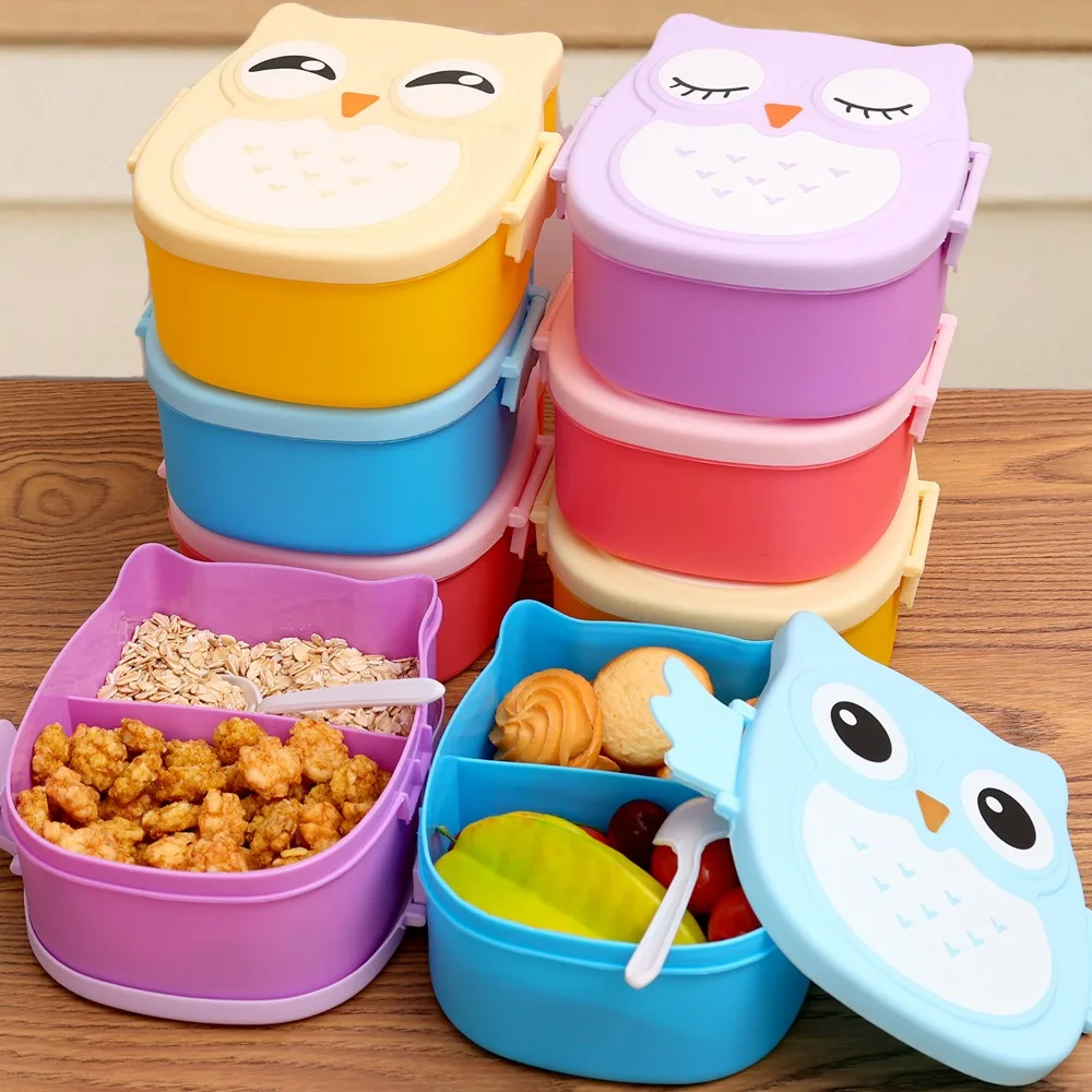 Fiambrera portátil para niños con cuchara, caja Bento de búho de dibujos animados, caja de almacenamiento de alimentos reutilizable, cocina, nevera, contenedor de alimentos vegetales