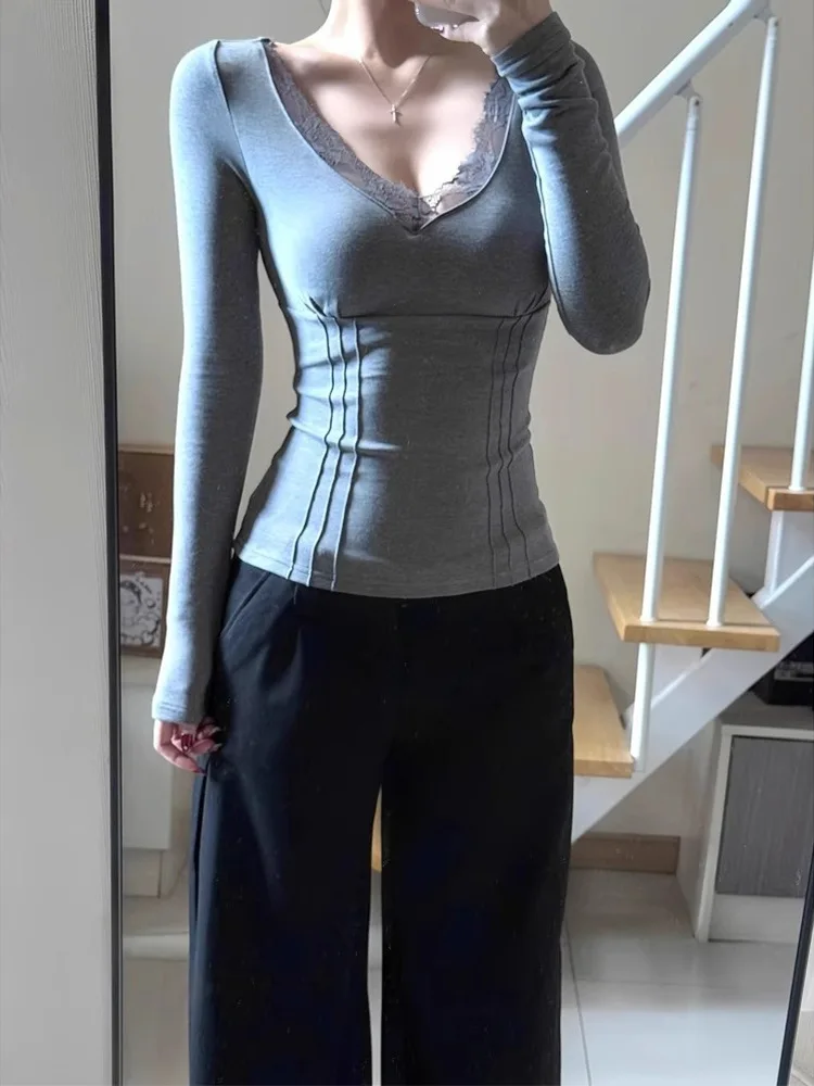 

Sexy Lace Patchwork Cropped Tops Women Y2k Aesthetic Bodycon Vintage T-shirt Harajuku Fairy Grunge Pleated Clothes Streetwear