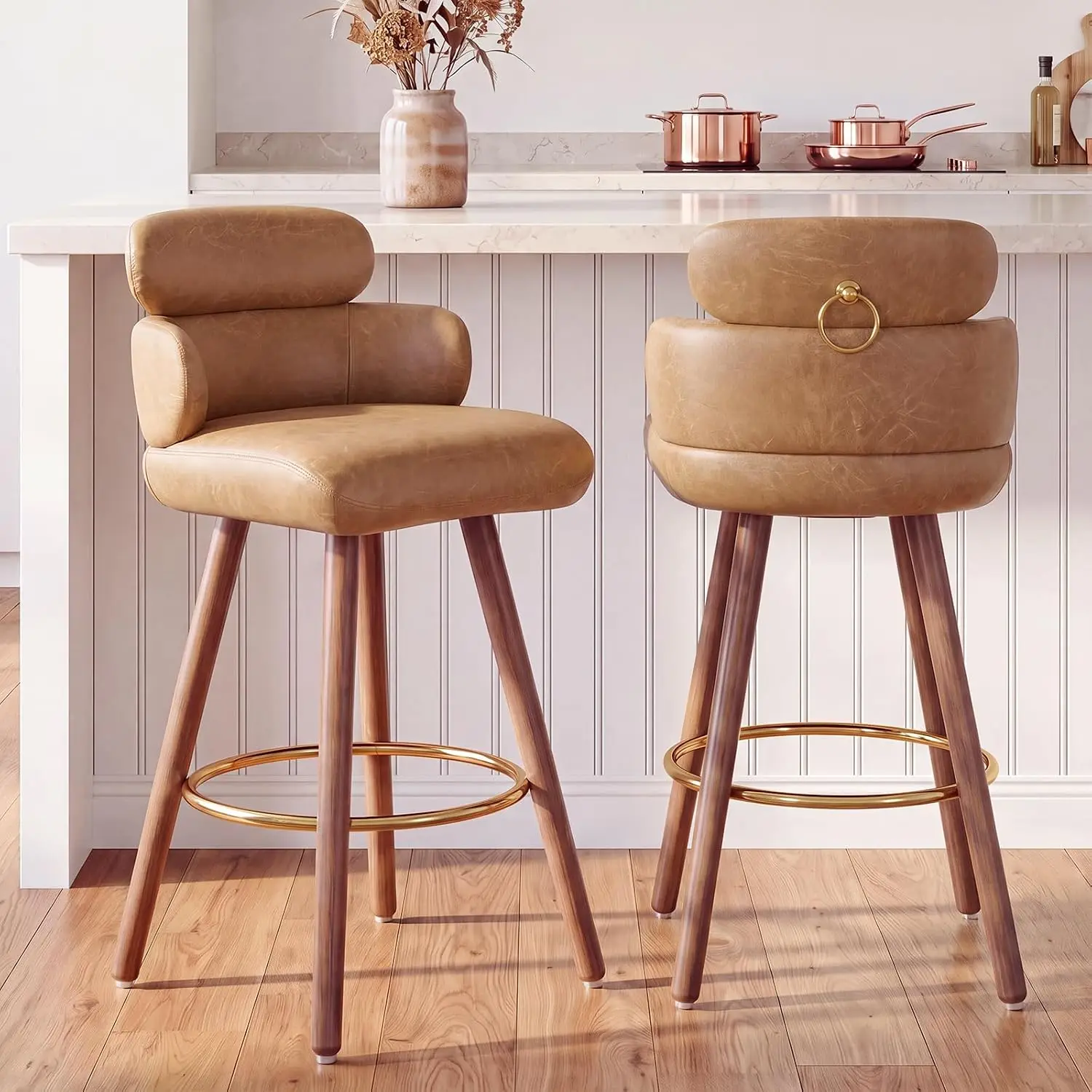 26 Inch Counter Height Bar Stools Set of 2, 360° Swivel PU Leather Upholstered Bar Chairs with Back, Wood Legs,Customized