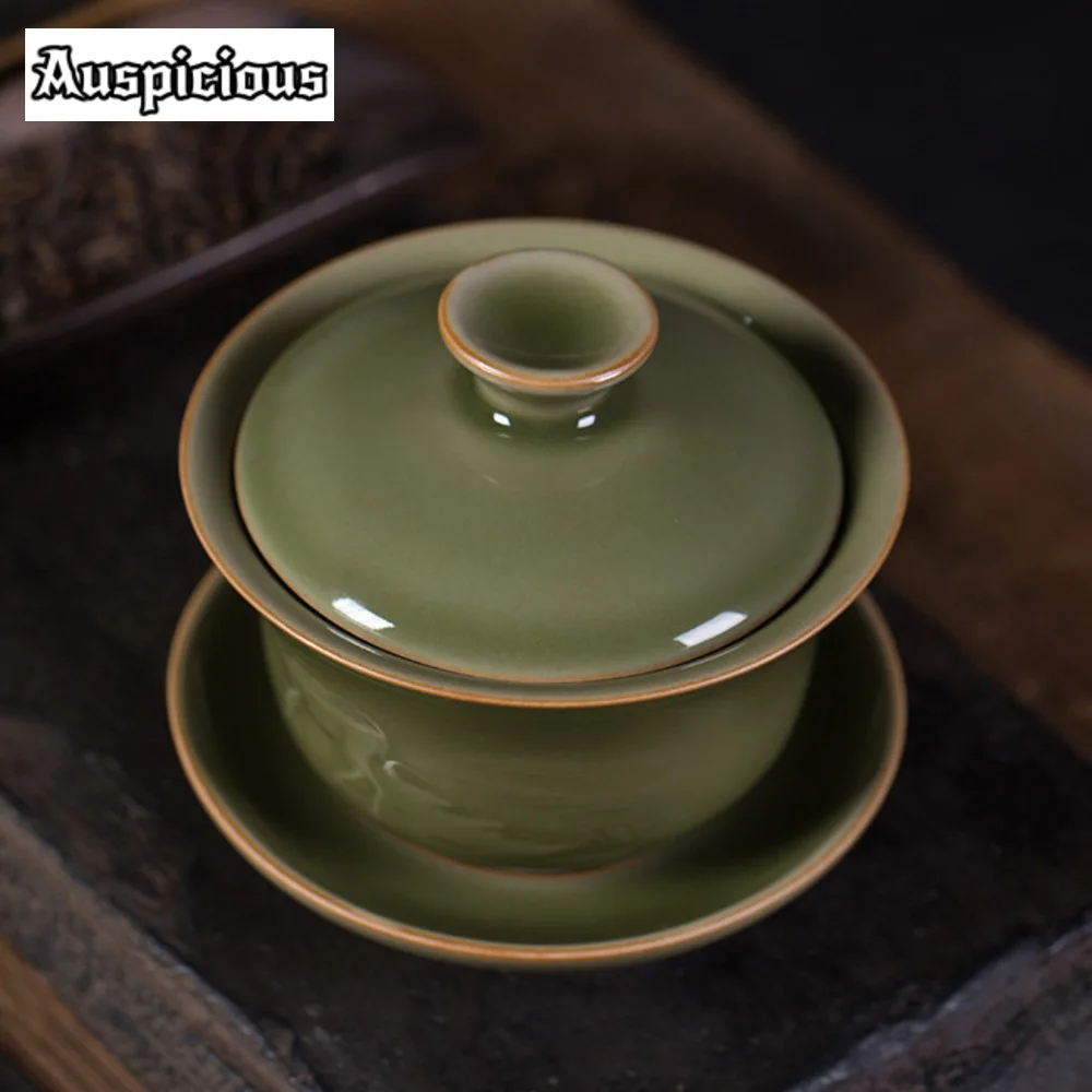 150ml Antique Longquan Celadon Gaiwan Handmade Small Deer Sancai Tea Tureen Tea Brewing Cover Bowl Teaware Tea Ceremony Craft