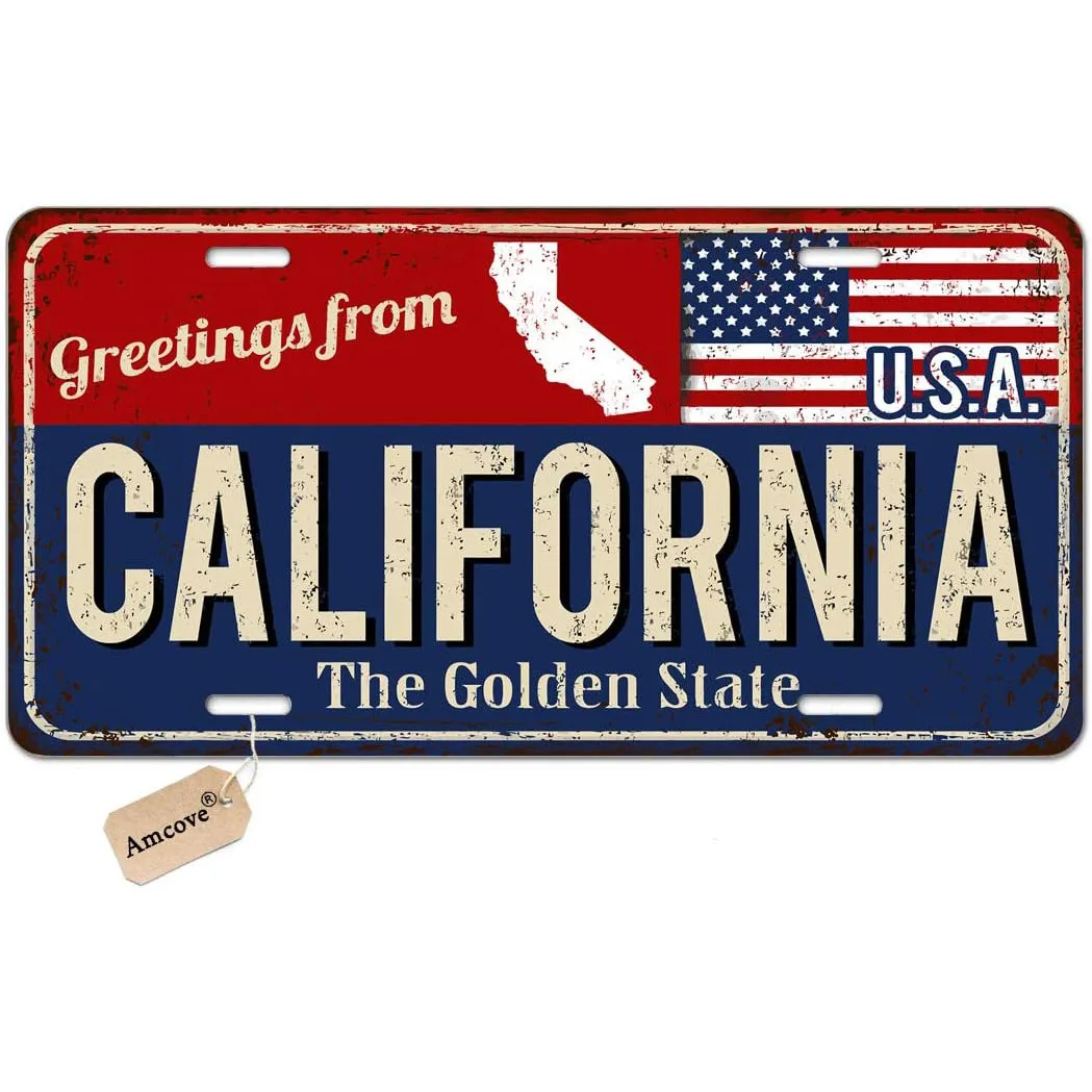 California The Golden State Vintage Rusty Metal Sign with American Flag Vanity Metal Novelty License Plate Tag Sign,6 X 12 Inch