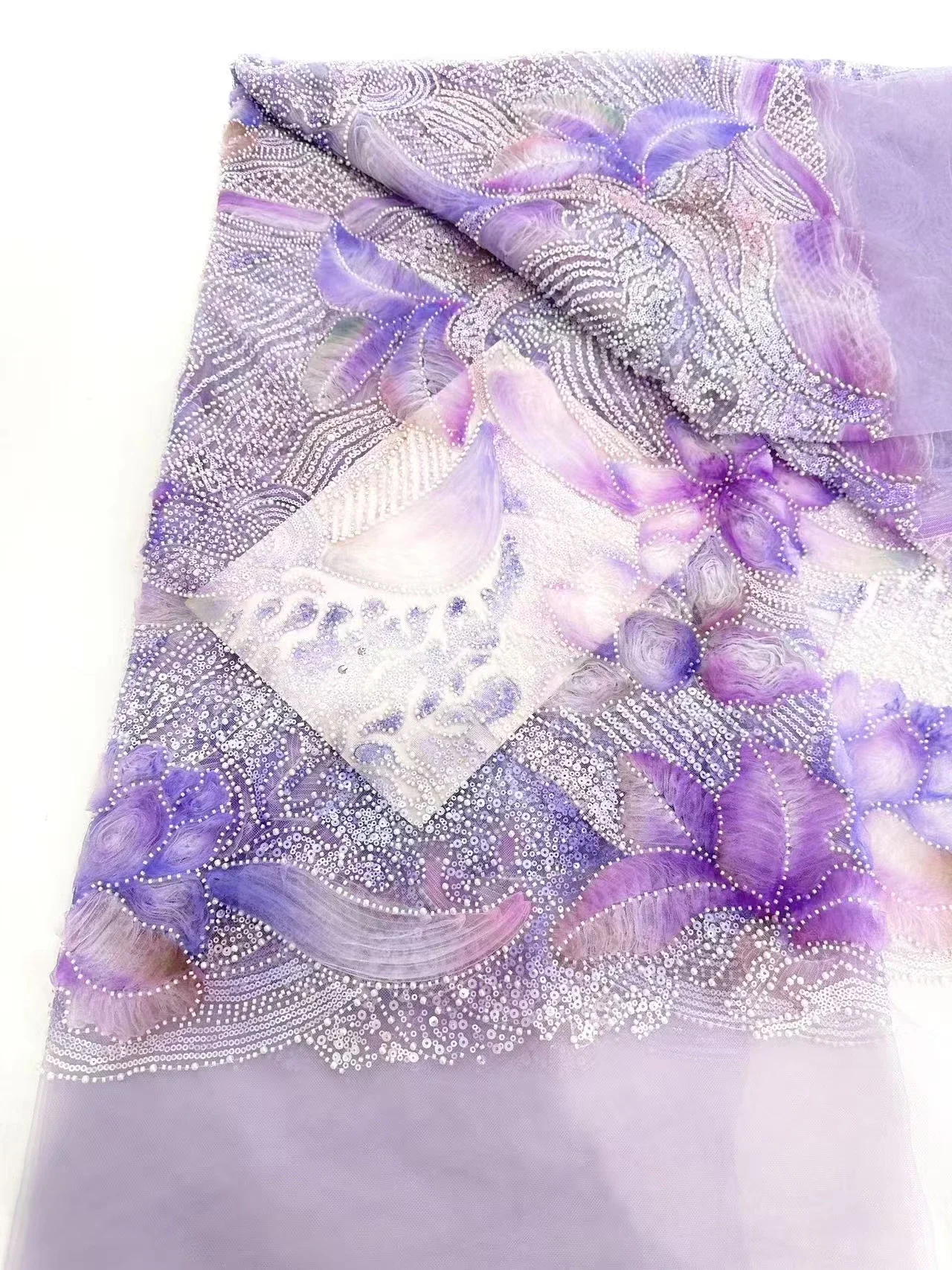 

White luxurious French chiffon lace, high-quality African beaded chiffon lace fabric, sequined embroidery for Nigerian dress
