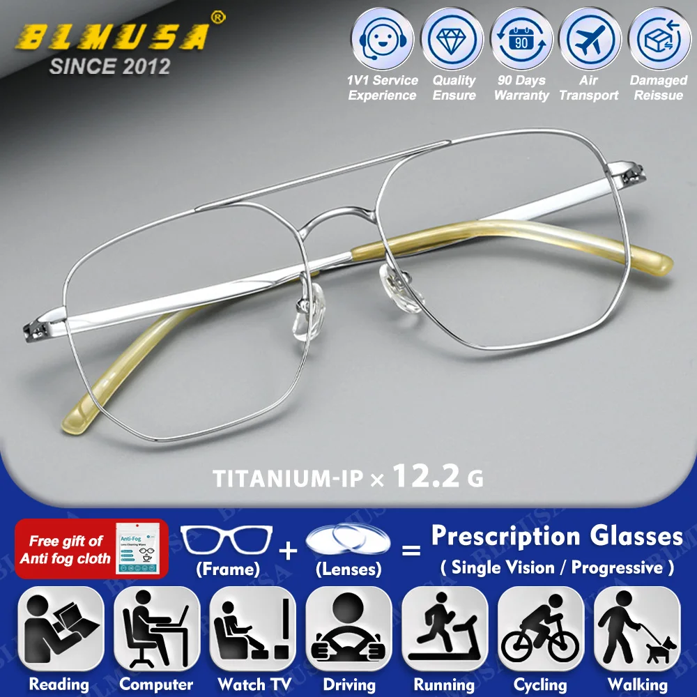 

BLMUSA (L) Fashion Pilot Titanium Myopia Photochromic Prescription Glasses Men Blue Light Filter Progressive Optical Eyeglasses