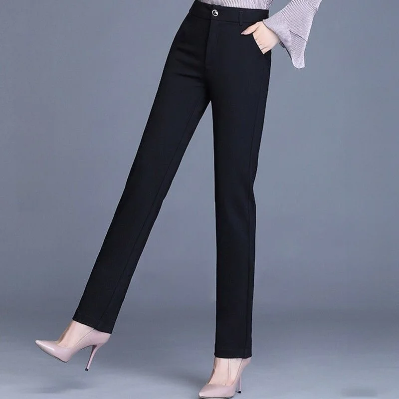 Black Women's Suit Pants Straight Leg Long Trousers Spring Autumn Professional Office Workwear Slimming Drapey Style