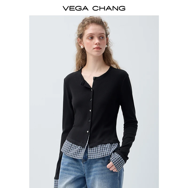 

Vega Chang Spring and Autumn New Women's Knitted Fake Two-Piece Cardigan Round Neck Color-Blocking T-Shirt