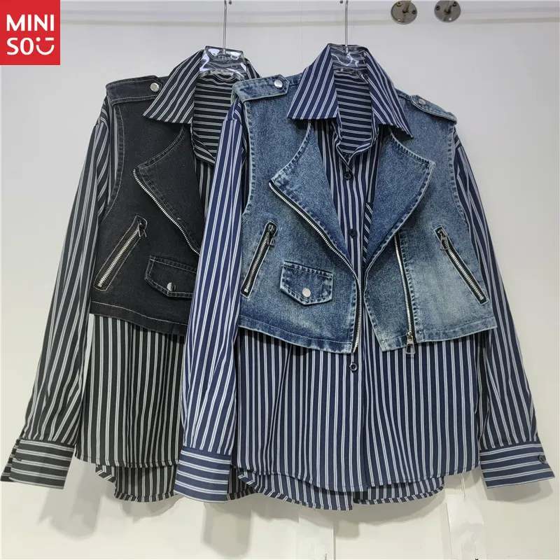 

Miniso Hong Kong Style Vintage Stripe Shirt 2025, Lazy Chic Two Piece Long Sleeve
