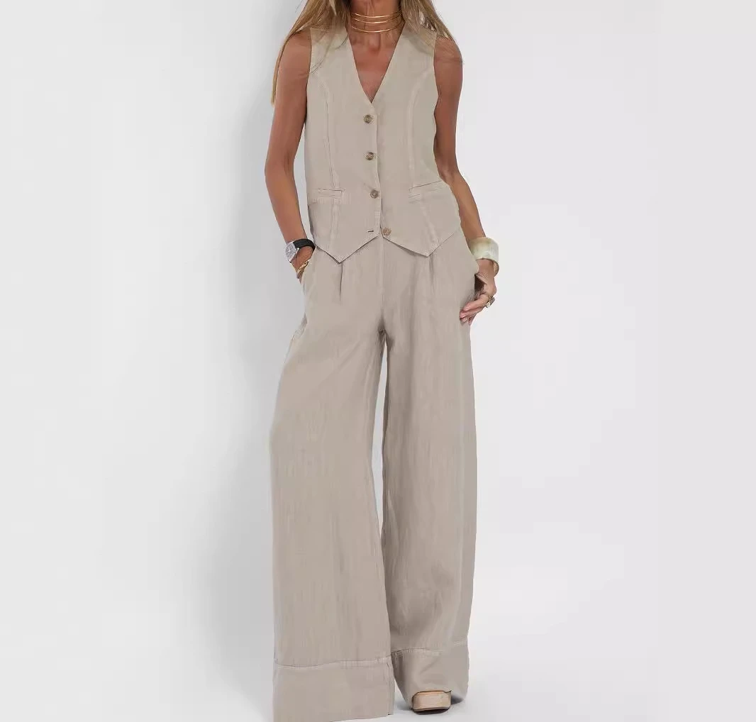 

2 Piece Pants Sets Women Outfit Elegant 2024 New Fashion Sleeveless Vest and Trousers Splicing Cotton and Hemp Casual Suit Y2k