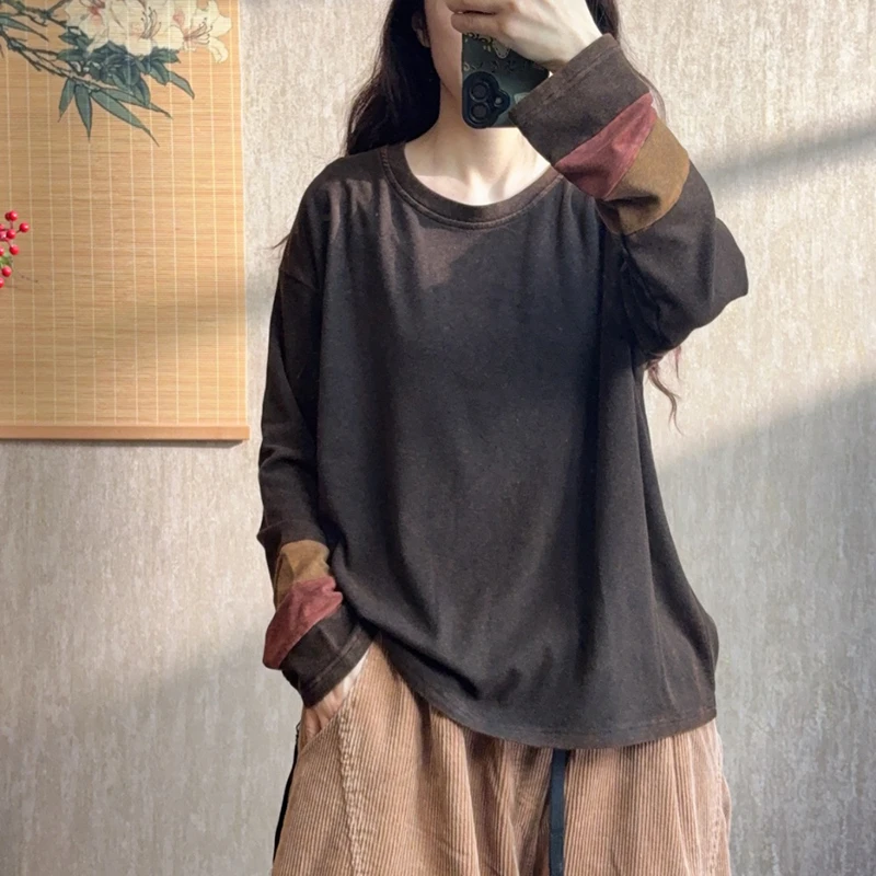 

2025 New Arrival Autumn Arts Style Women Casual Cotton Long Sleeve Patchwork Tops Tees O-neck Vintage Loose T-shirt F84