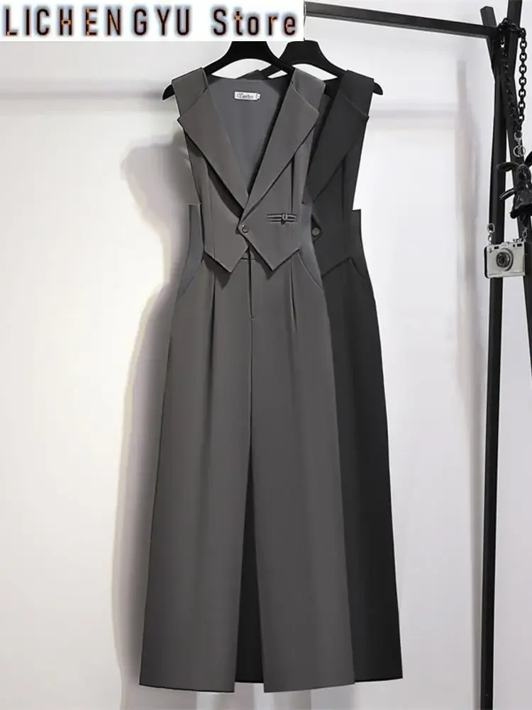 Elegant Style Chic Jumpsuit Women Solid Color Sleeveless Notched Irregular Patchwork Jumpsuits Winter Spring New