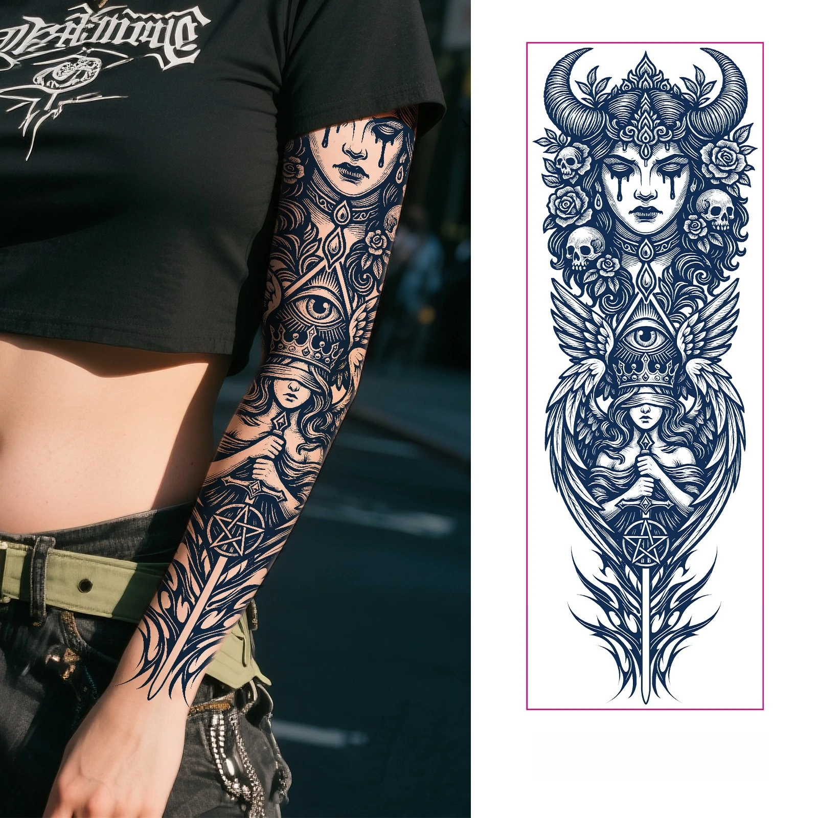 

Full Arm Herbal Juice Tattoo Sticker Waterproof Non-reflective Semi-permanent Dark Flower Arm Tattoo Sticker