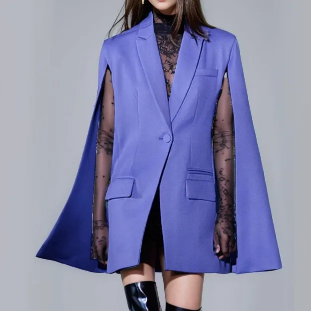 Blue Cape Women Suit 1 Piece Blazer Female Coat Formal Spring Cotton Work Wear Jacket Full Sleeves Casual Outfit