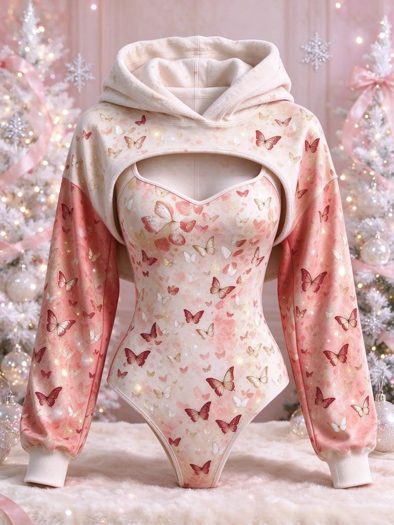 Women 2Pcs Pink Gradient Butterfly Print Bodysuit + Hooded Shrug Xmas Costume