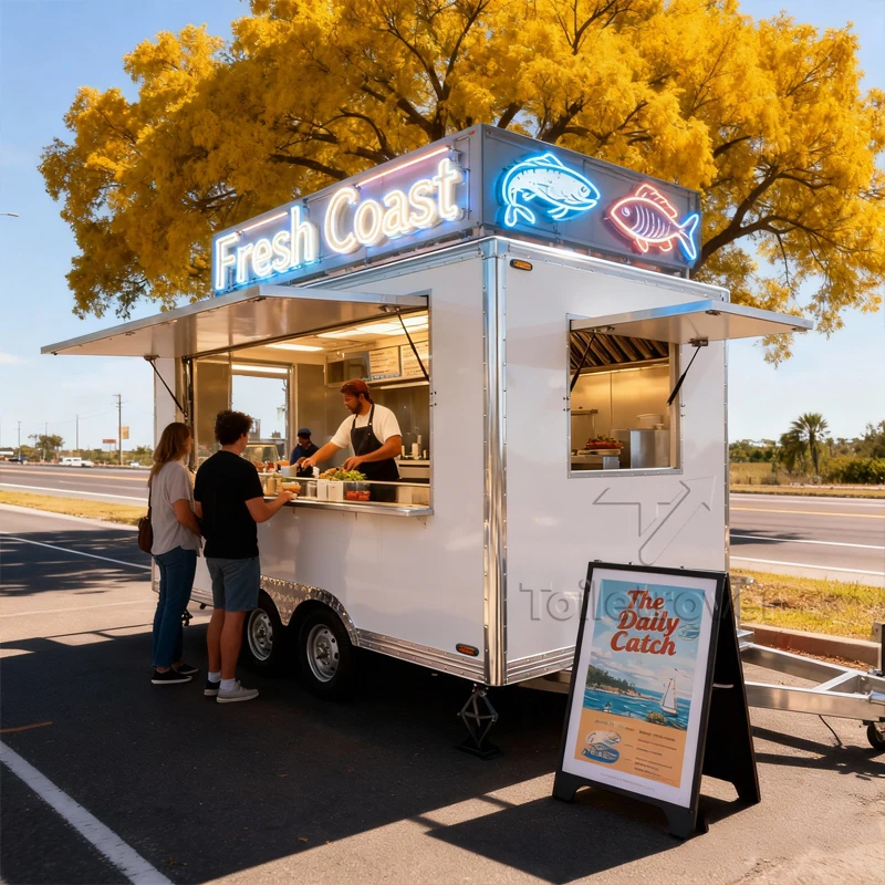 

Мобильный фудтрак-прицеп для продажи еды, мороженого и десертов с LED-экранами и подсветкой